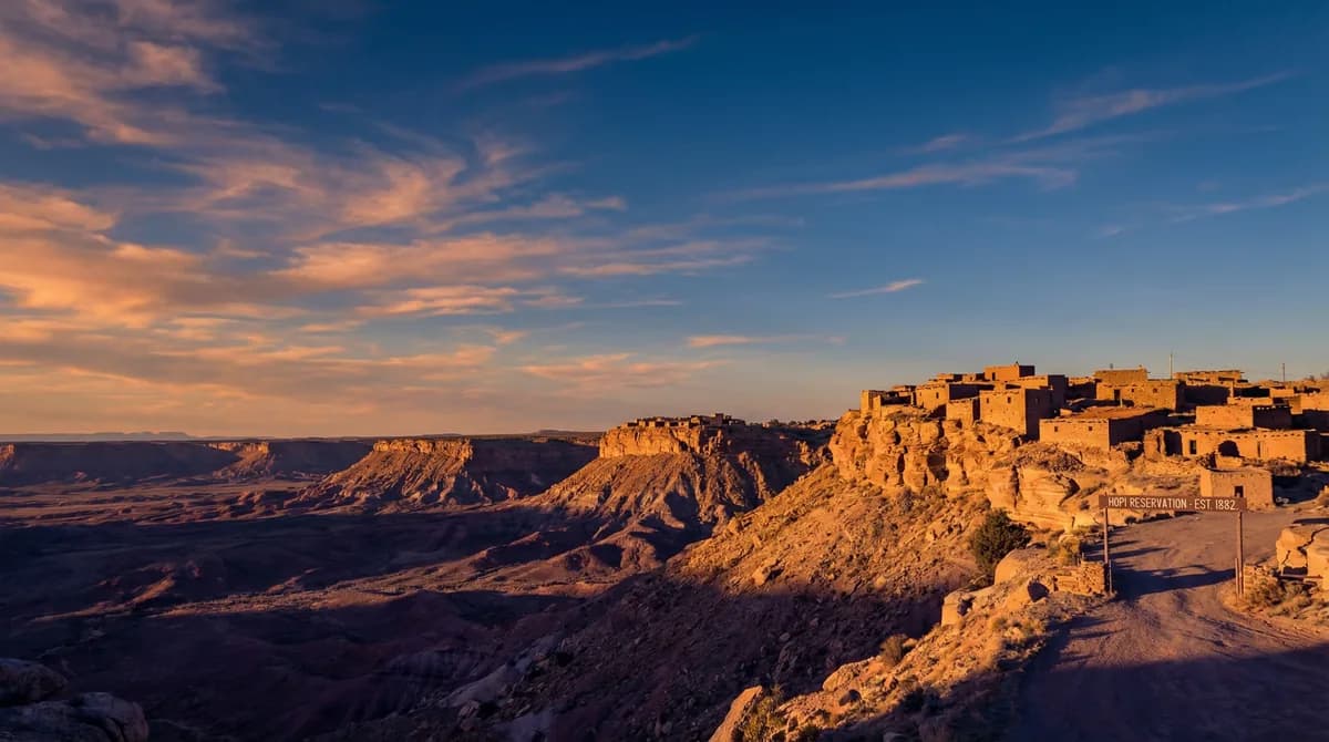Hopi mesas at golden hour with ancient stone villages visible on Second and Third Mesa
