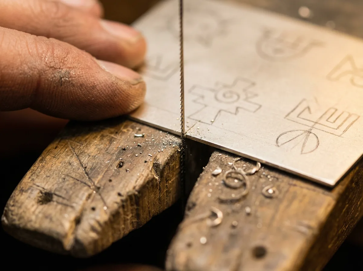 Macro of a jeweler's saw cutting clan symbol outlines from sterling silver sheet with silver dust falling