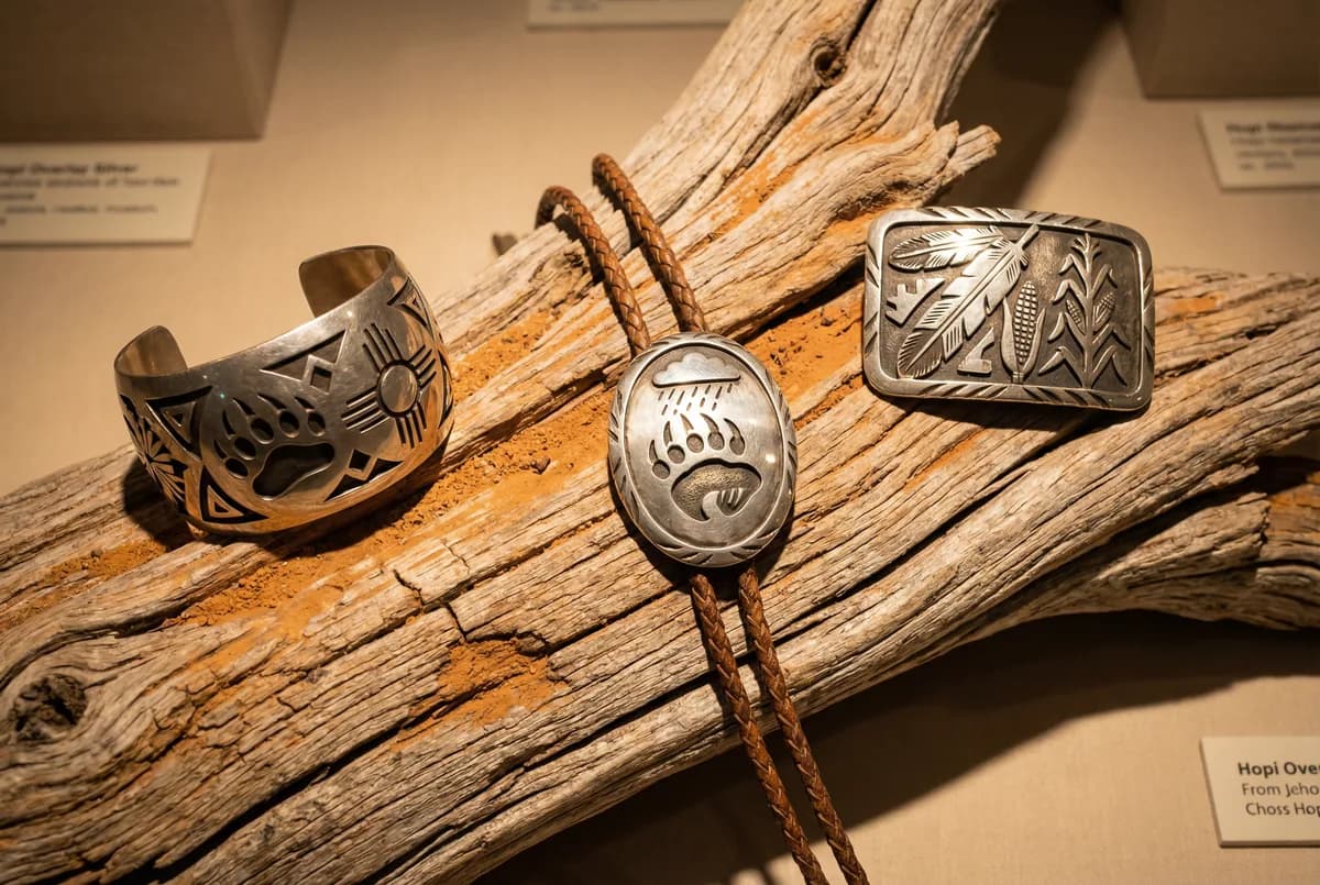 Three Hopi overlay pieces — cuff, bolo tie, and belt buckle — displayed on weathered juniper wood