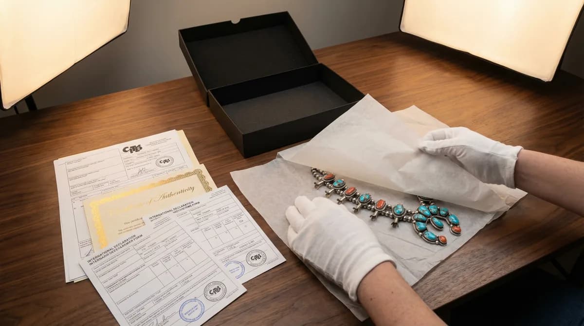 Native American jewelry being wrapped in archival tissue with CITES documentation and customs forms