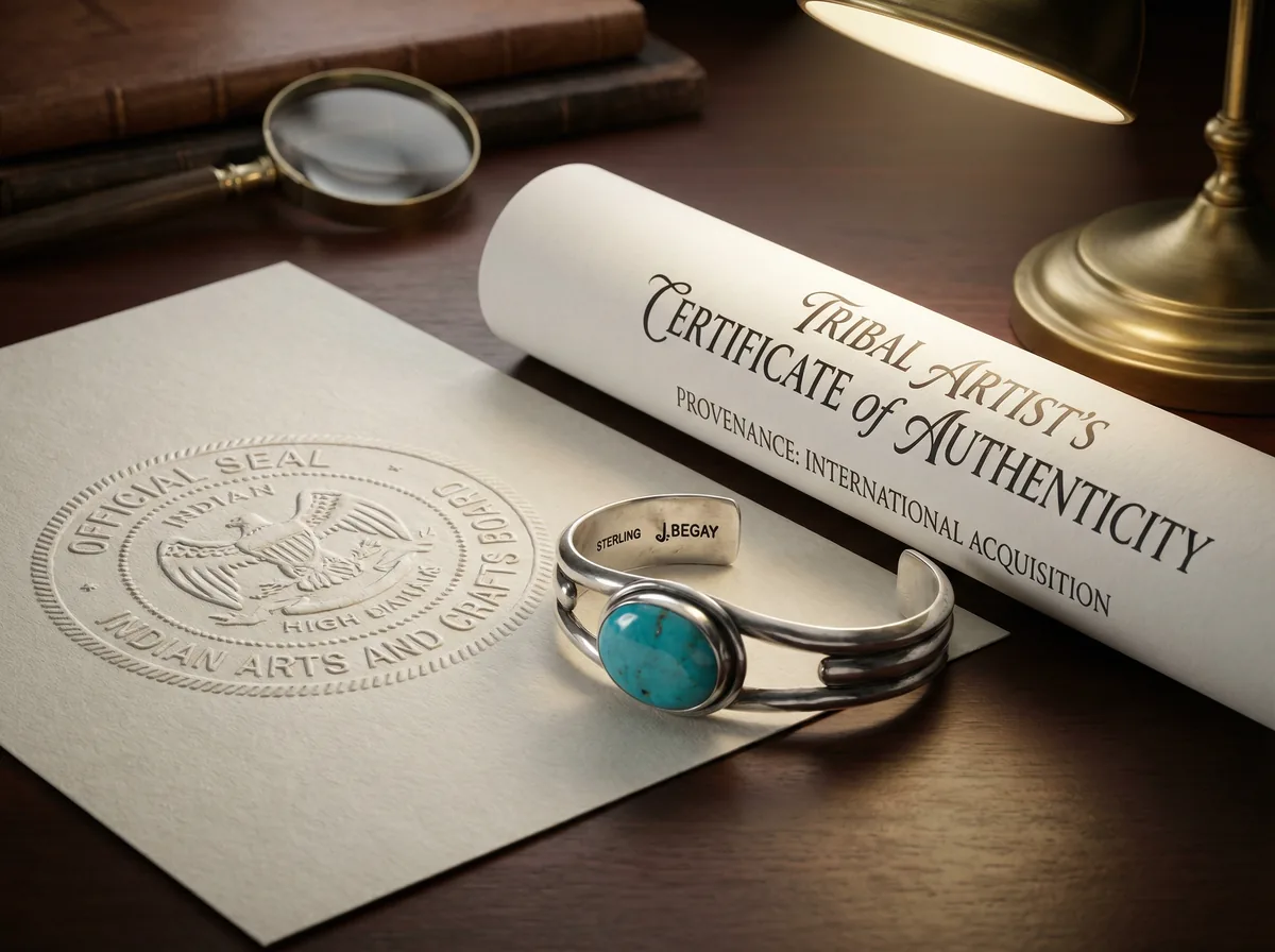 Indian Arts and Crafts Act seal beside a tribal certificate of authenticity and hallmarked silver piece