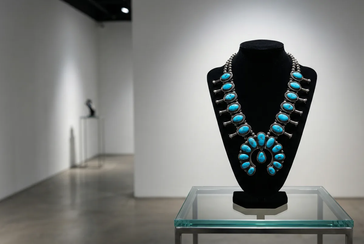 Navajo squash blossom necklace displayed on a bust in a modernist gallery space with dramatic spot lighting
