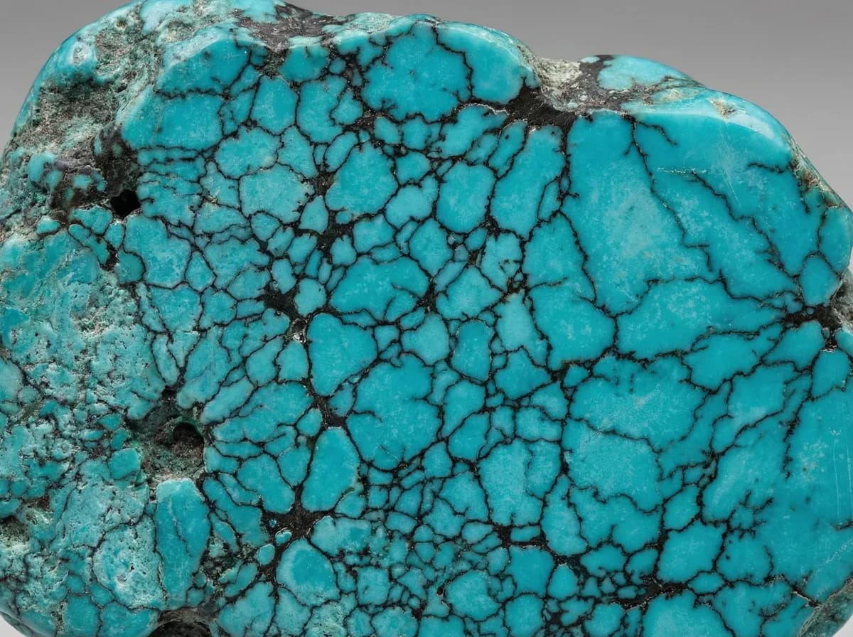 Macro detail of Kingman spider-web turquoise matrix with dark veining against vibrant blue-green stone