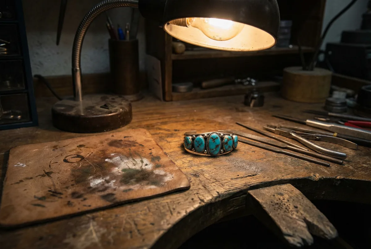 Navajo cluster bracelet with six Kingman turquoise cabochons on a worn jeweler's bench beside silver tools