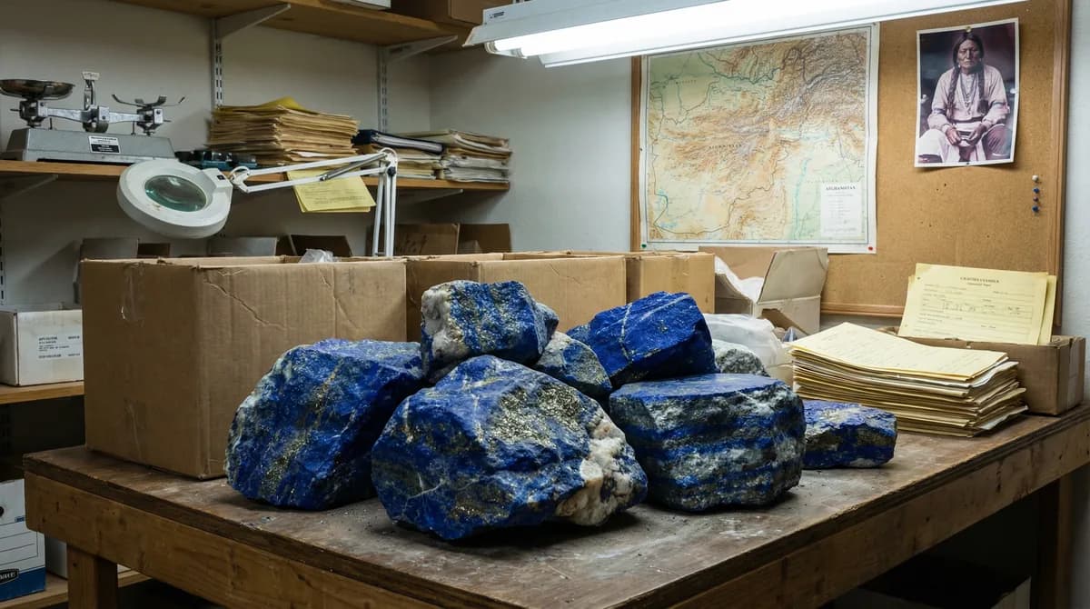 Rough lapis lazuli boulders with gold pyrite flecks in a gem dealer's sorting room
