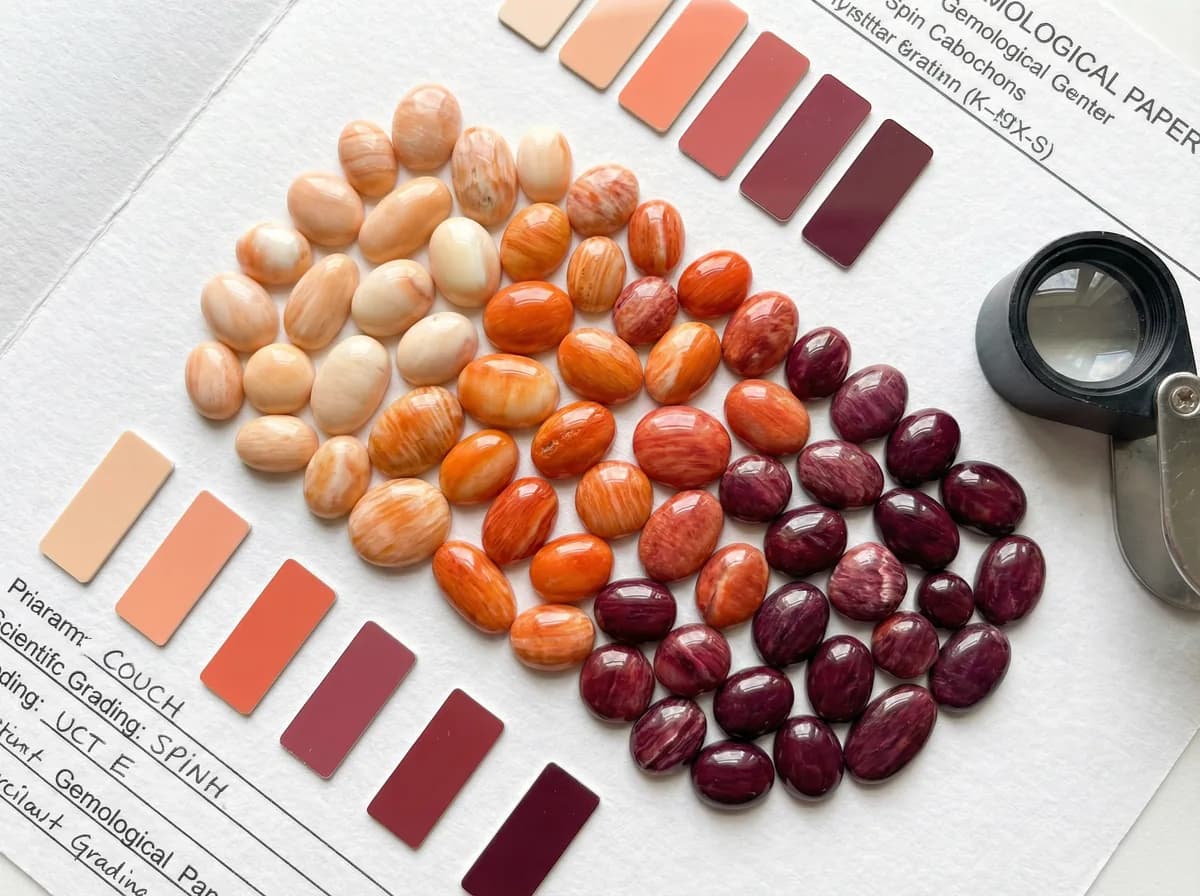 Spiny oyster shell cabochons graded by color from pale peach through vivid orange to deep purple-red