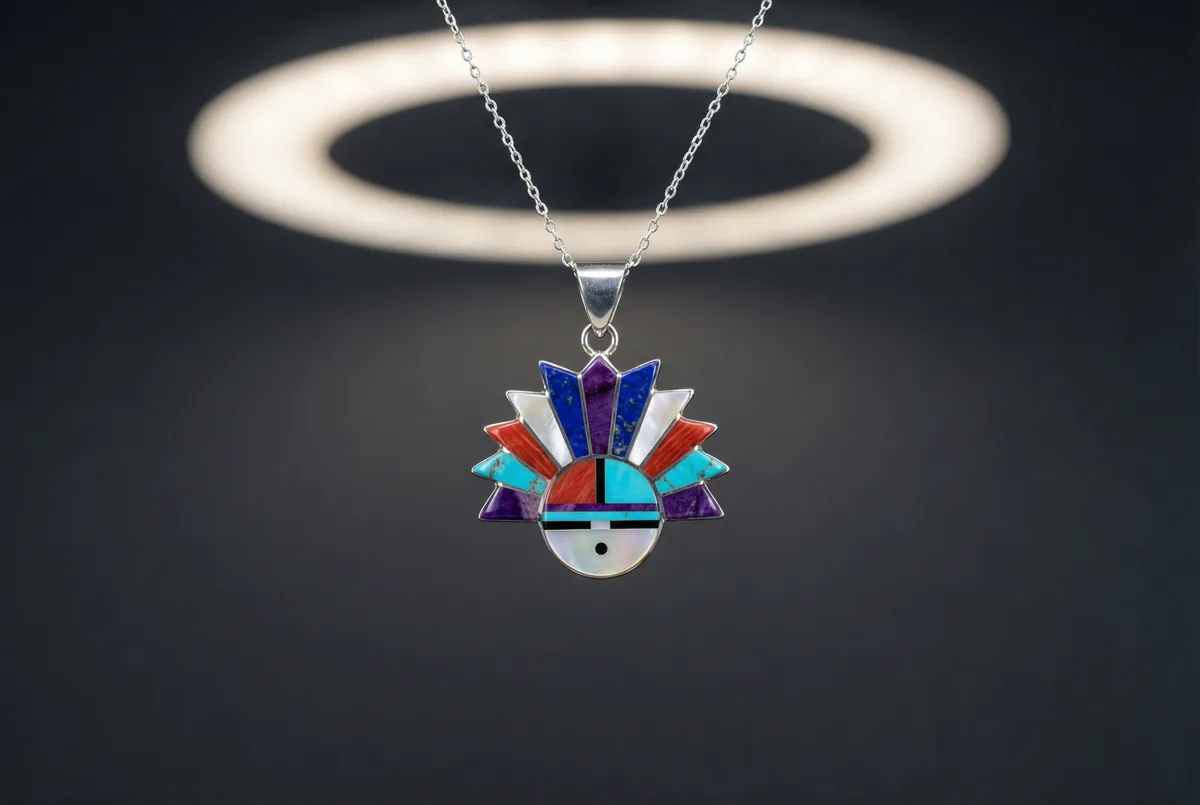 Contemporary Zuni inlay pendant with lapis, sugilite, coral, turquoise, and shell in a sunburst pattern