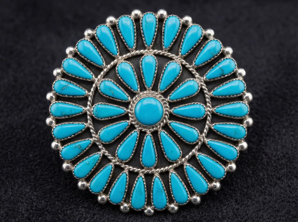 Macro of a completed Zuni needlepoint cluster with thirty turquoise stones radiating from center