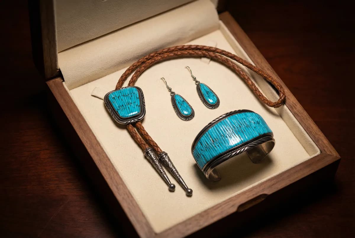 Matched Zuni needlepoint suite — bolo tie, earrings, and bracelet — in a cream suede presentation box