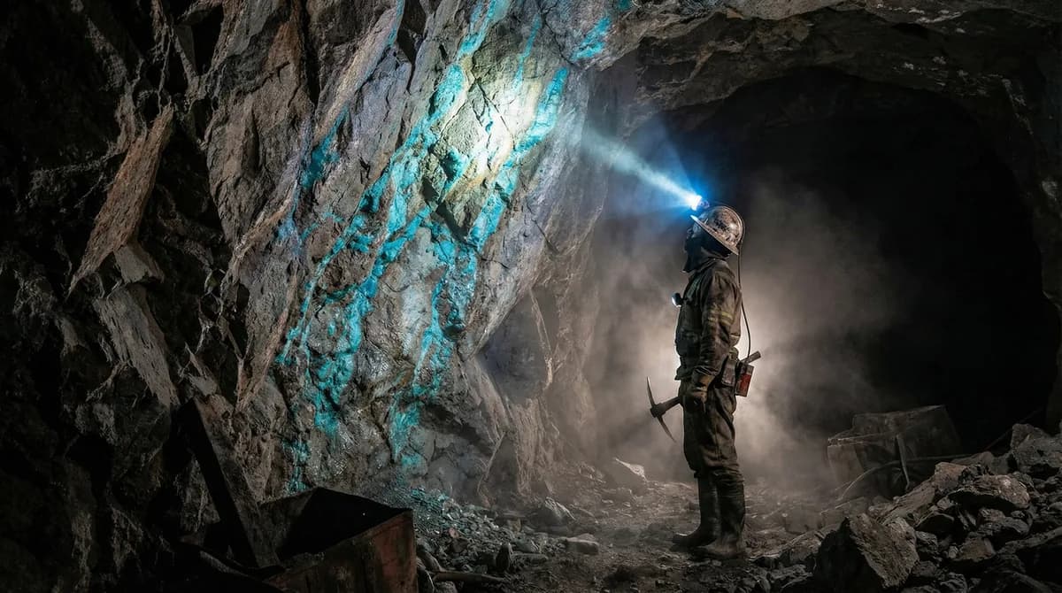 Turquoise mine interior with blue-green mineral veins visible in cross-sectioned rock face lit by headlamp