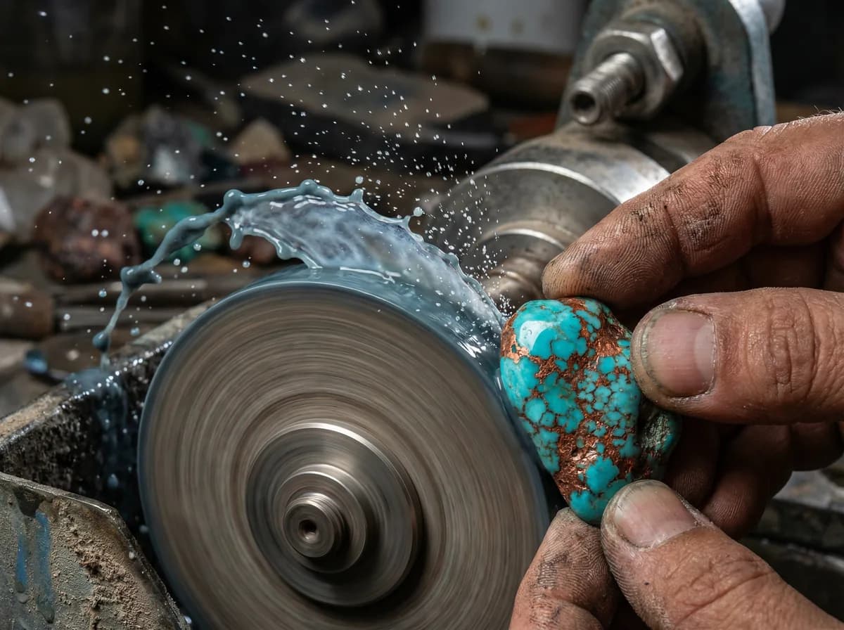 Turquoise rough being shaped on a diamond grinding wheel with water spray cooling the cut