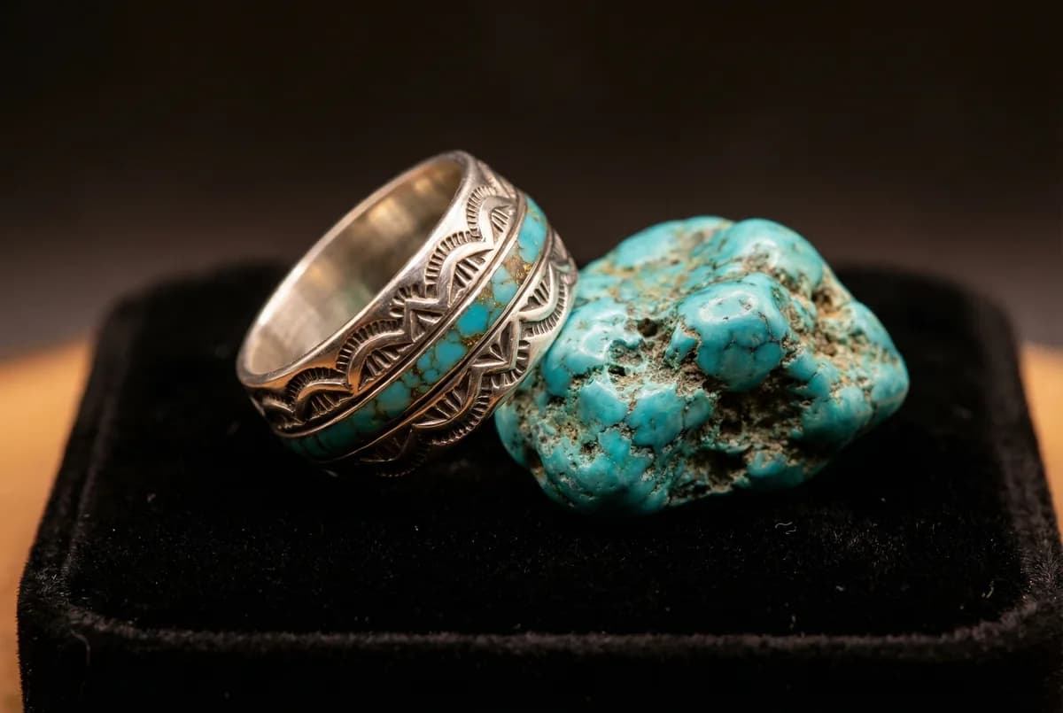 Finished turquoise ring displayed beside remaining rough from the same original stone on black velvet