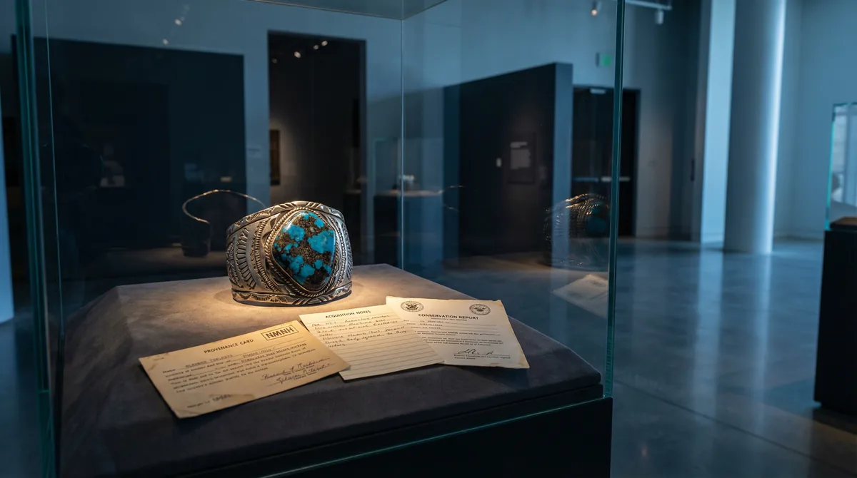 Museum vitrine with a Bisbee turquoise cuff beside its provenance card and conservation report