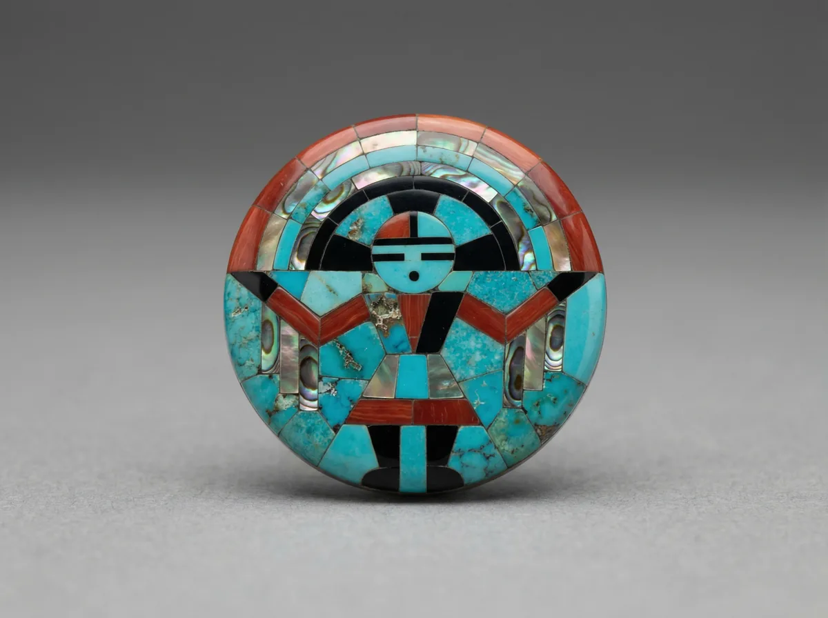 Zuni Rainbow God mosaic inlay pin under magnification showing hundreds of fitted stone pieces