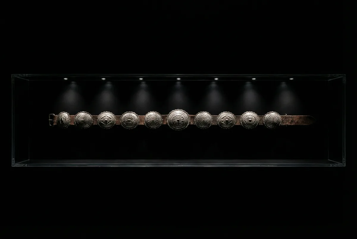 Silver concha belt displayed in a horizontal vitrine, each concha catching individual spot light