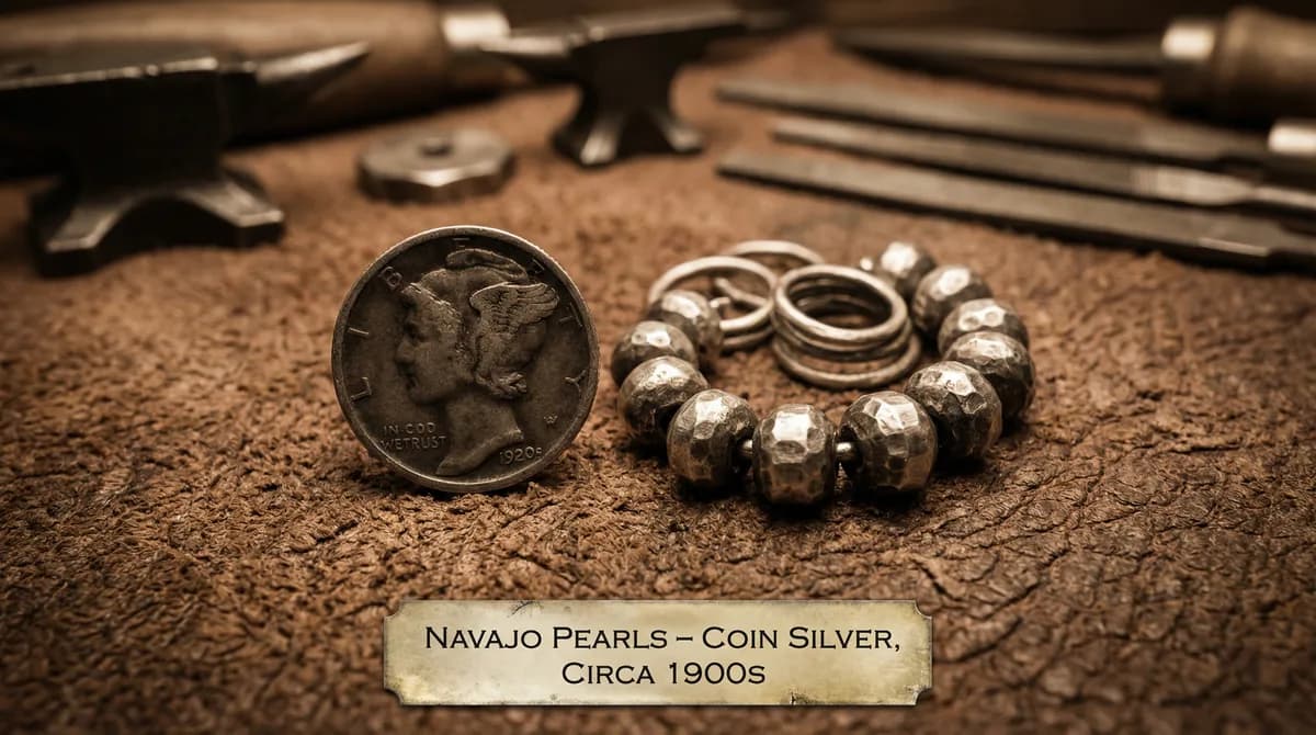 Mercury dime beside early Navajo silver beads made from melted coins on aged leather
