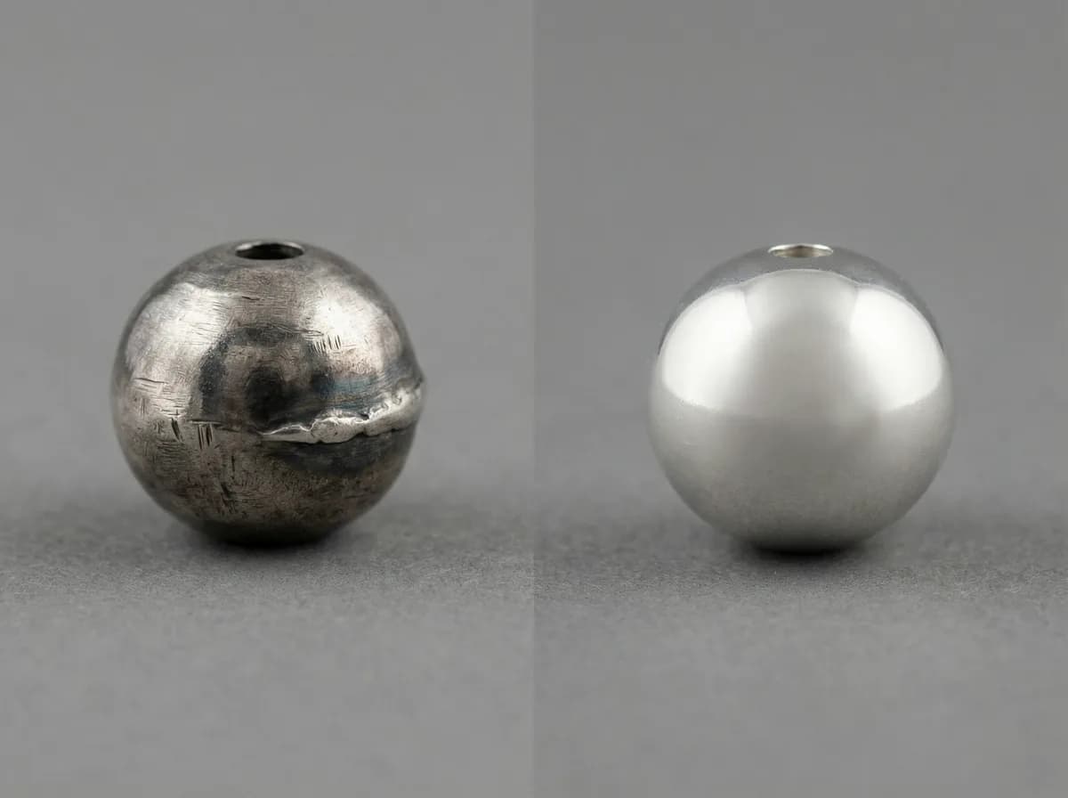 Macro comparison of hand-formed Navajo pearl showing tool marks beside a perfectly uniform machine-made bead