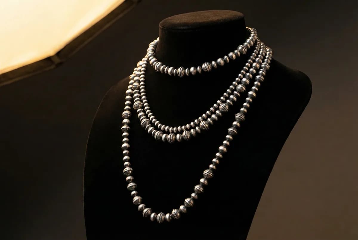 Navajo pearl strands layered on a black dress form: choker, medium strand, and opera length together