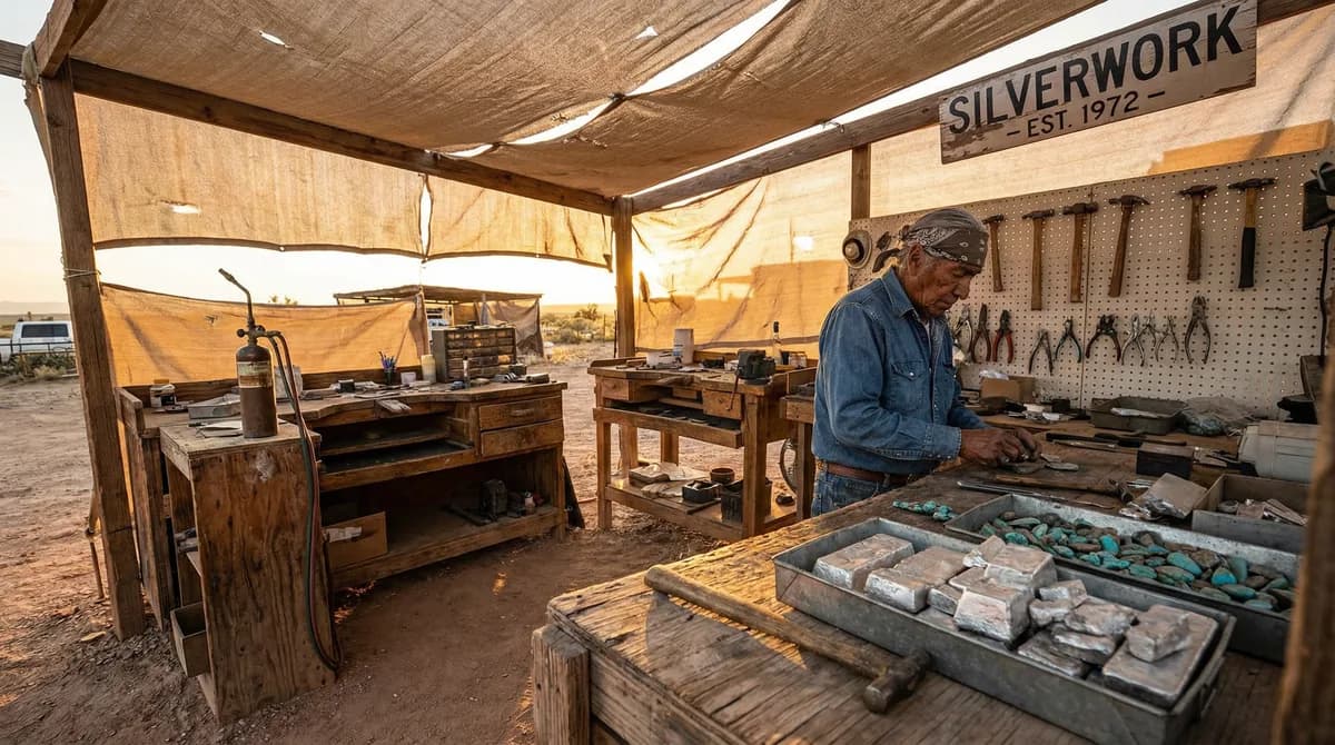 Traditional Navajo outdoor silversmithing workspace with handmade tools, acetylene torch, and silver ingots