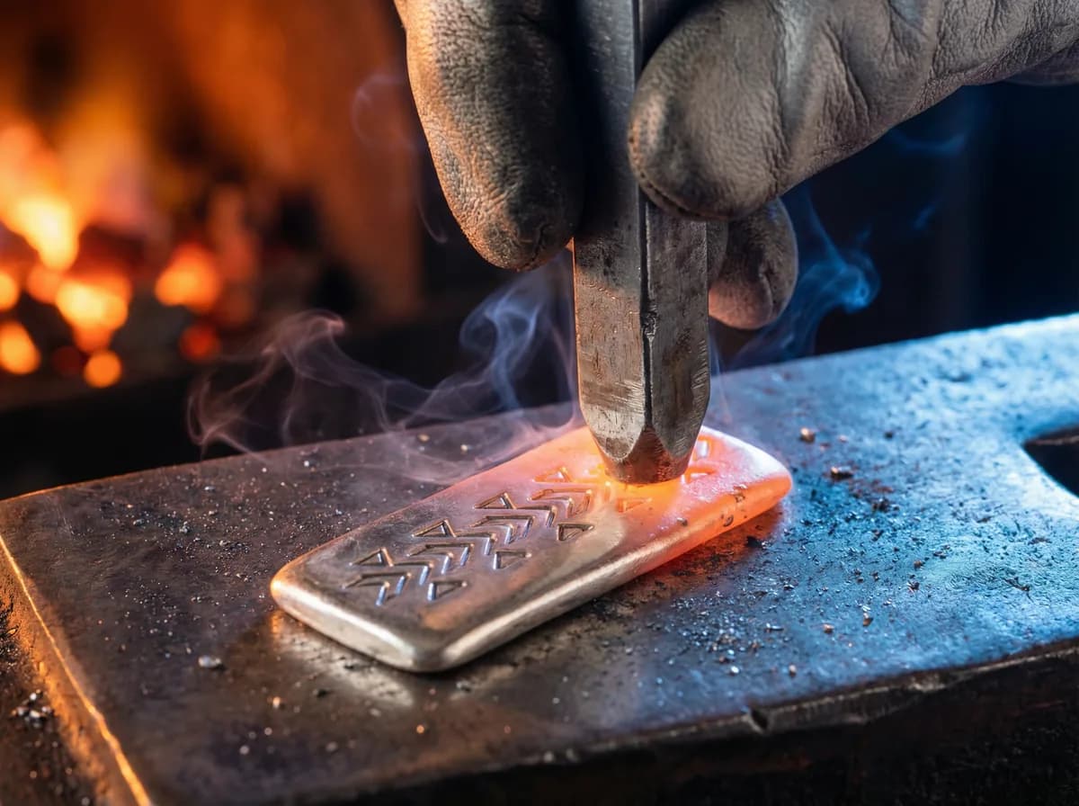 Macro of traditional Navajo stamps being pressed into heated sterling silver, revealing a geometric pattern