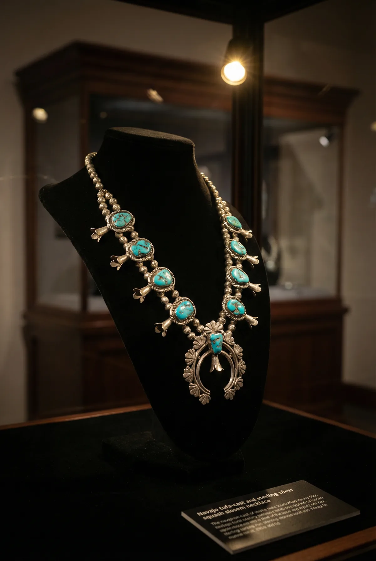 Navajo tufa-cast squash blossom necklace on a black velvet mannequin bust under warm spot lighting