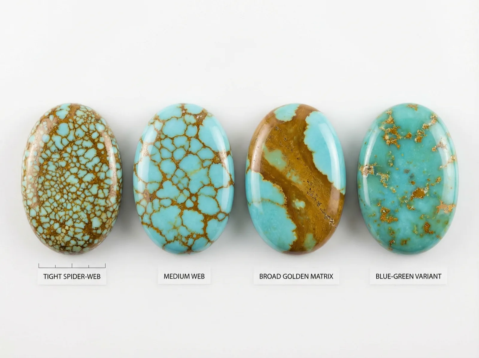 Three Number 8 turquoise cabochons showing golden-brown spider-web matrix variations