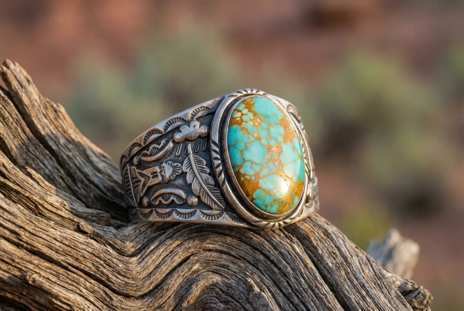 Vintage Navajo cuff bracelet featuring a large Number 8 turquoise cabochon with golden spider-web matrix