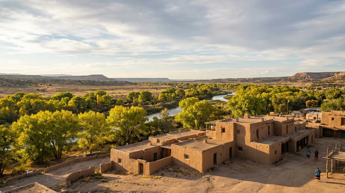 Kewa Pueblo in warm afternoon light with the Rio Grande valley and cottonwood trees stretching beyond