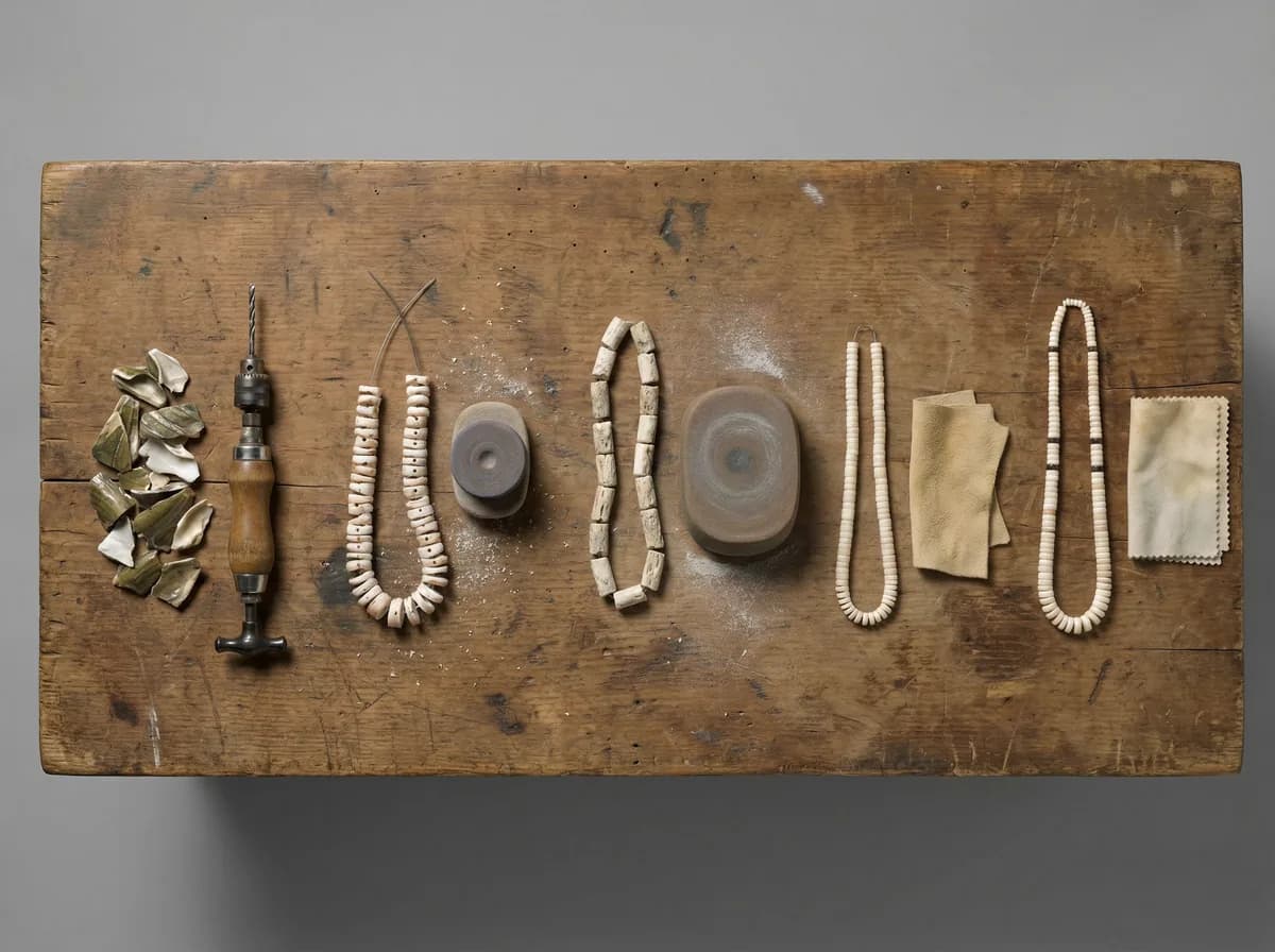 Five stages of heishi creation: raw shell fragments, drilled blanks, rough cylinders, ground beads, and polished strand