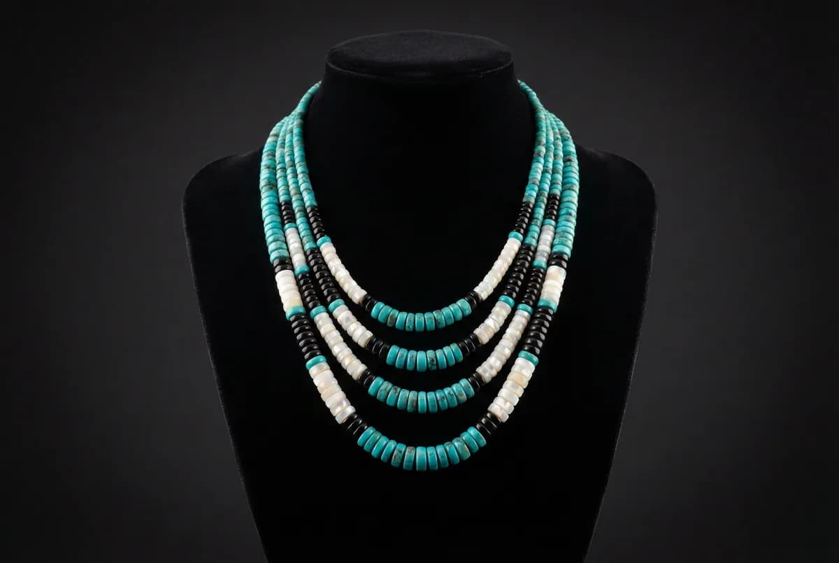 Multi-strand Santo Domingo heishi necklace with turquoise, jet, and shell on a black dress form