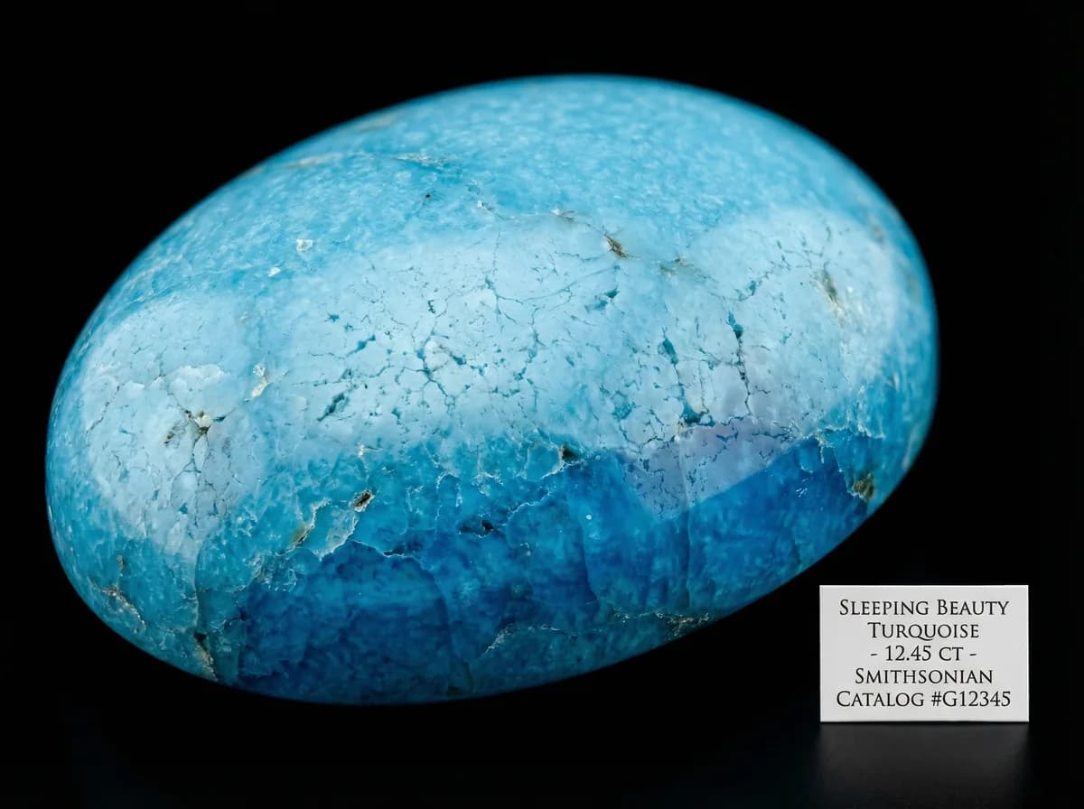 Macro close-up of a single Sleeping Beauty turquoise cabochon showing subtle color gradations