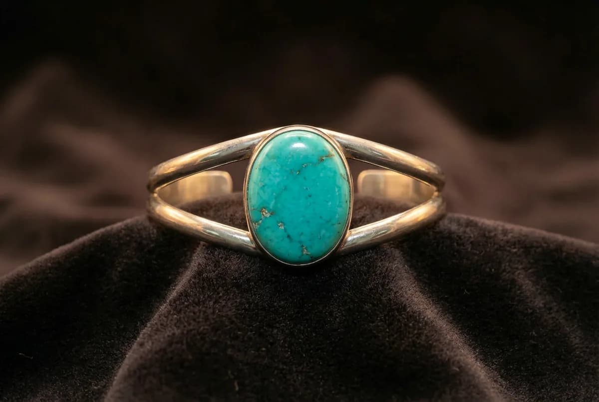 Navajo sterling silver cuff bracelet with a large oval Sleeping Beauty turquoise on dark velvet