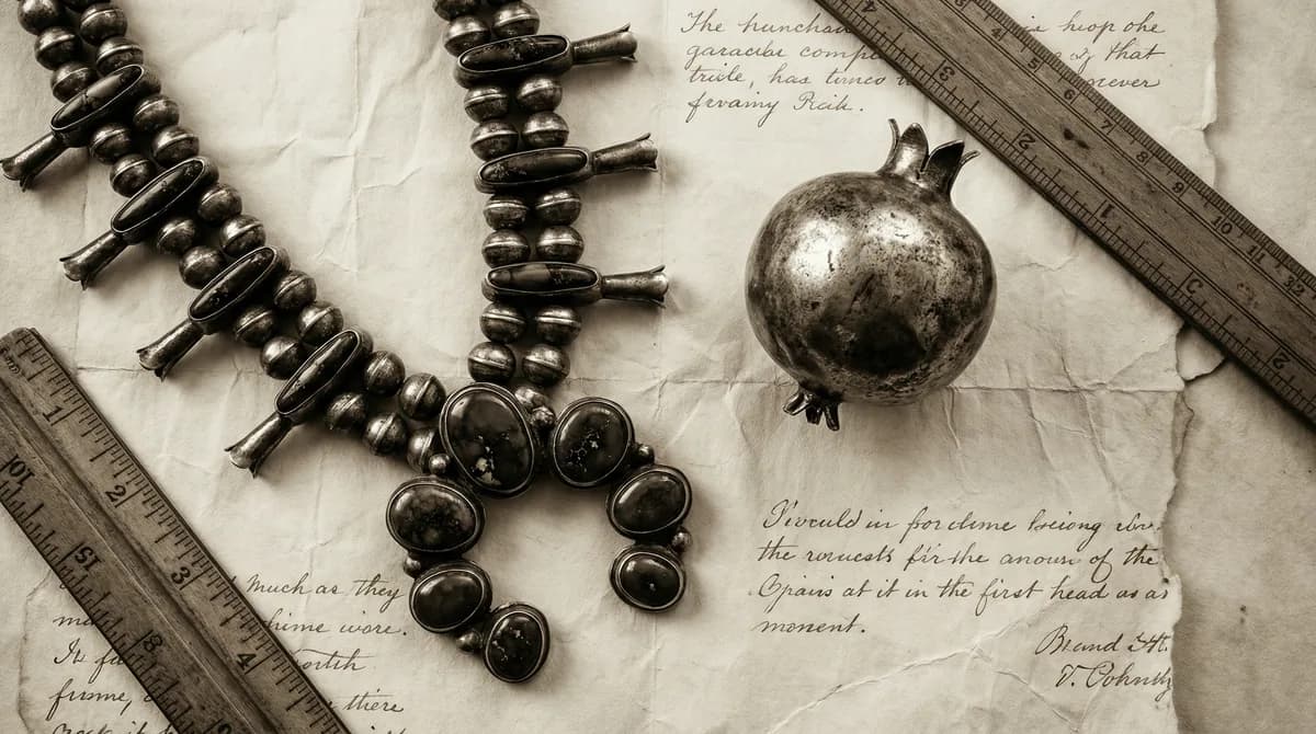 Vintage-style rendering of early squash blossom beside a Spanish colonial pomegranate motif for comparison