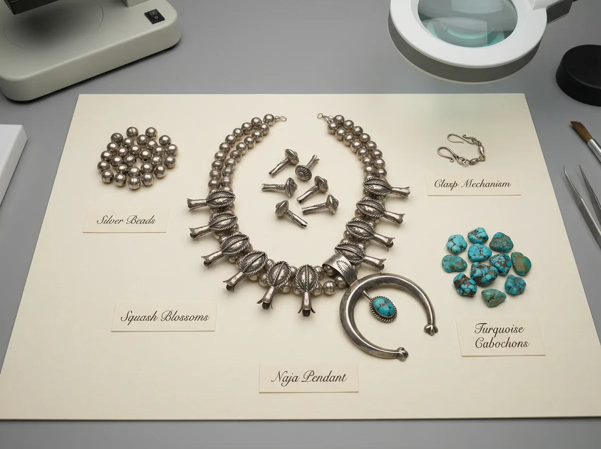Disassembled squash blossom necklace: individual beads, blossom elements, naja, clasp, and turquoise cabochons