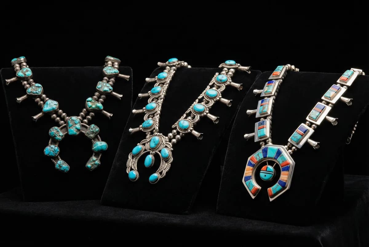 Three squash blossom necklaces from different eras — 1940s, 1970s, and contemporary — on stepped black velvet