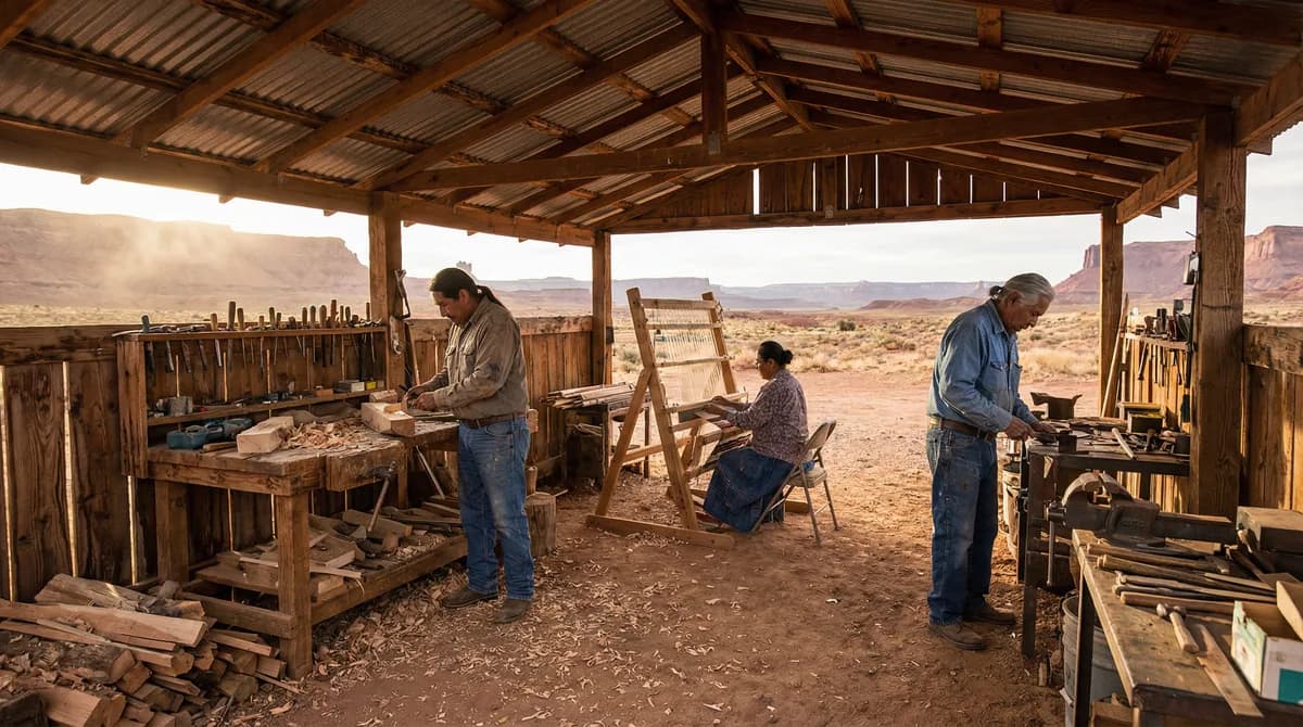 Family workshop compound on the Navajo reservation with multiple benches and handmade tool racks