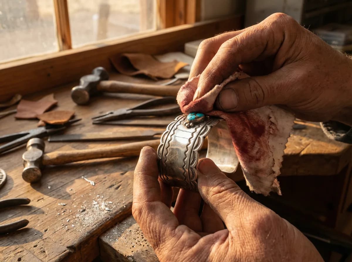 Hands polishing a sterling silver bracelet with cloth and rouge, the surface transitioning from matte to mirror