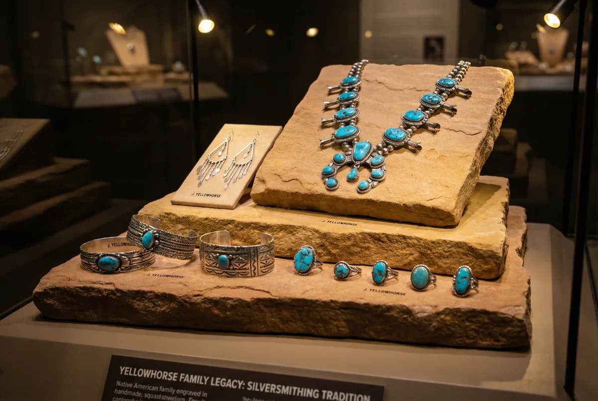Collection of family-workshop jewelry pieces β rings, bracelets, earrings, necklace β on raw sandstone slabs