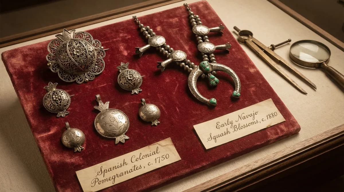 Spanish colonial silver pomegranate jewelry beside early Navajo interpretations in sepia-toned archival style