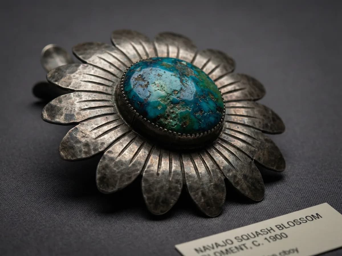 Macro of a single squash blossom element showing hand-forged silver petals and tool marks in raking light