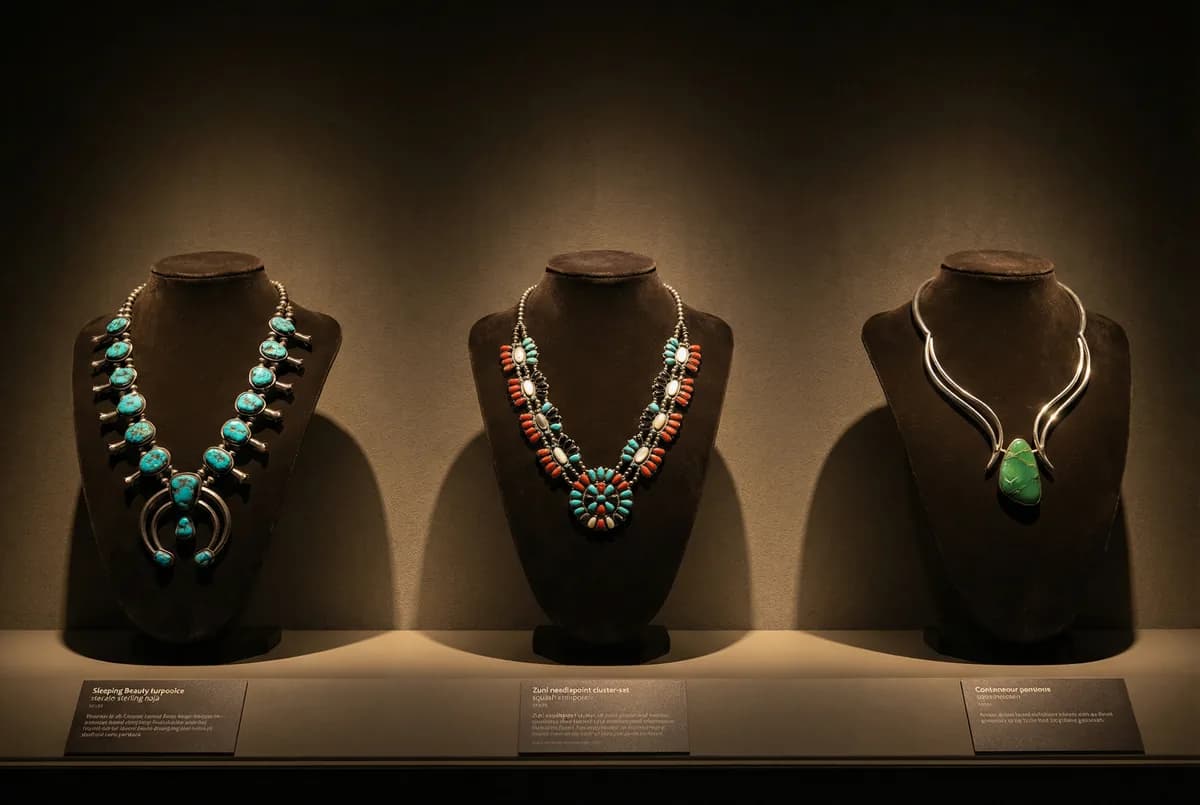 Three museum-grade squash blossom necklaces β Navajo, Zuni, and contemporary β on gallery display busts