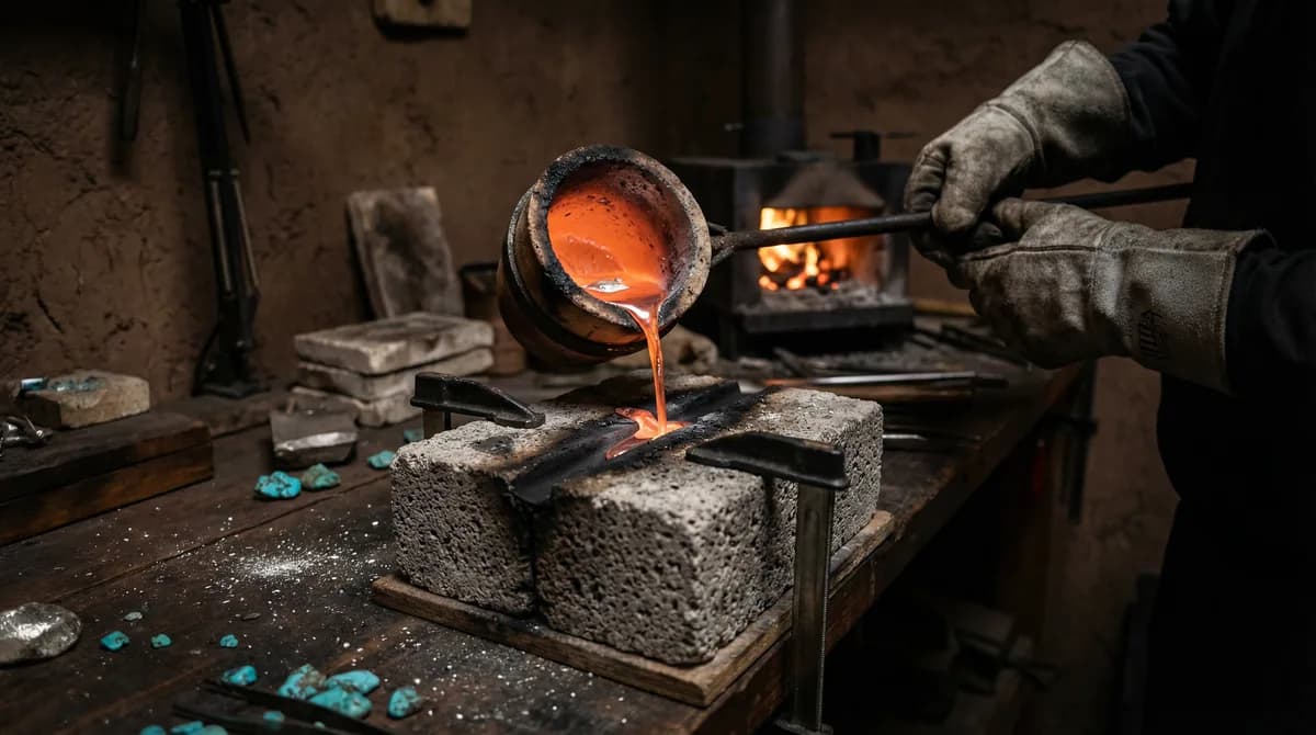 Molten sterling silver being poured into carved volcanic tufa stone mold, warm orange glow of liquid metal