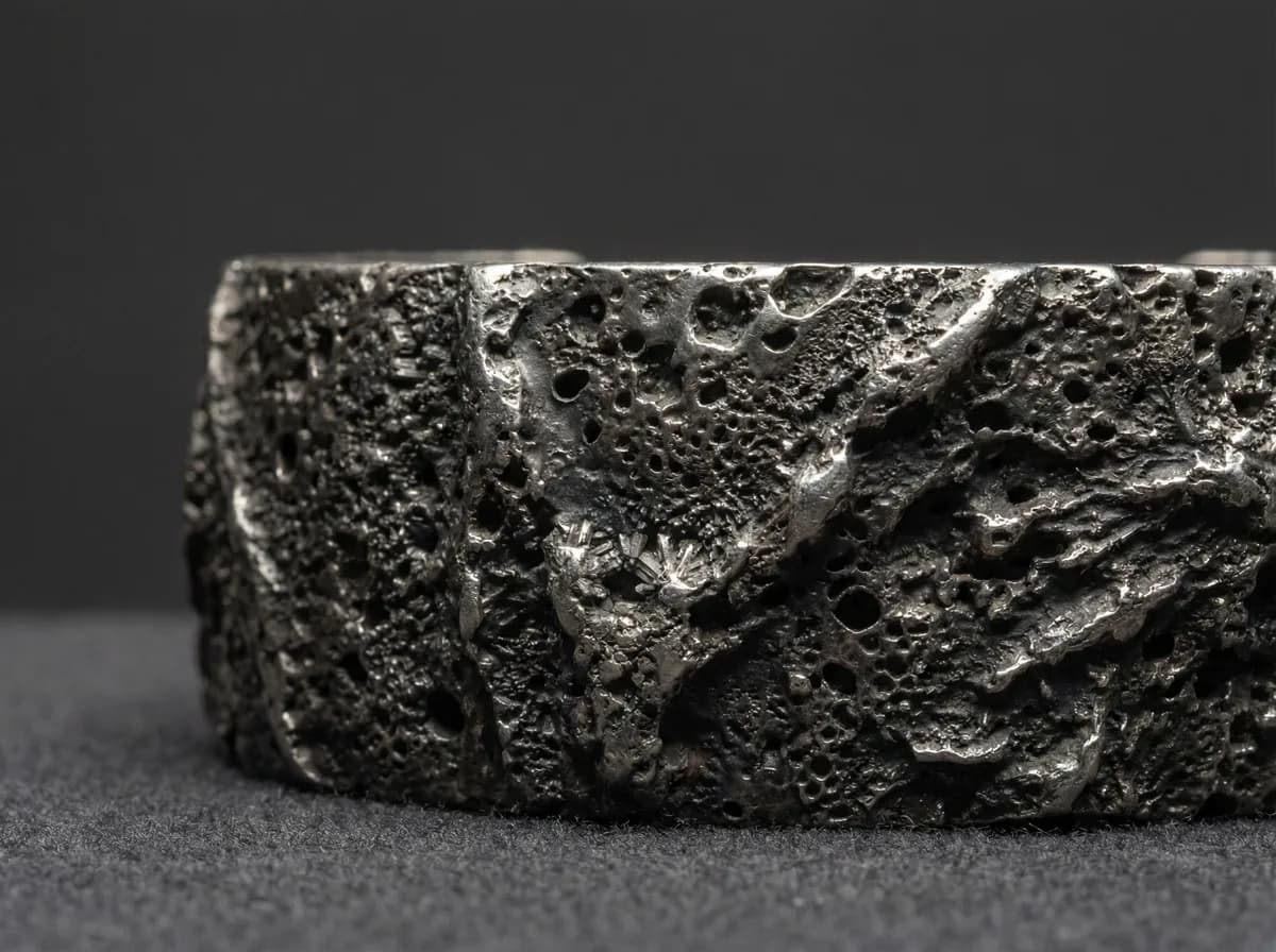 Macro detail of tufa-cast silver surface showing the unique organic texture transferred from volcanic stone