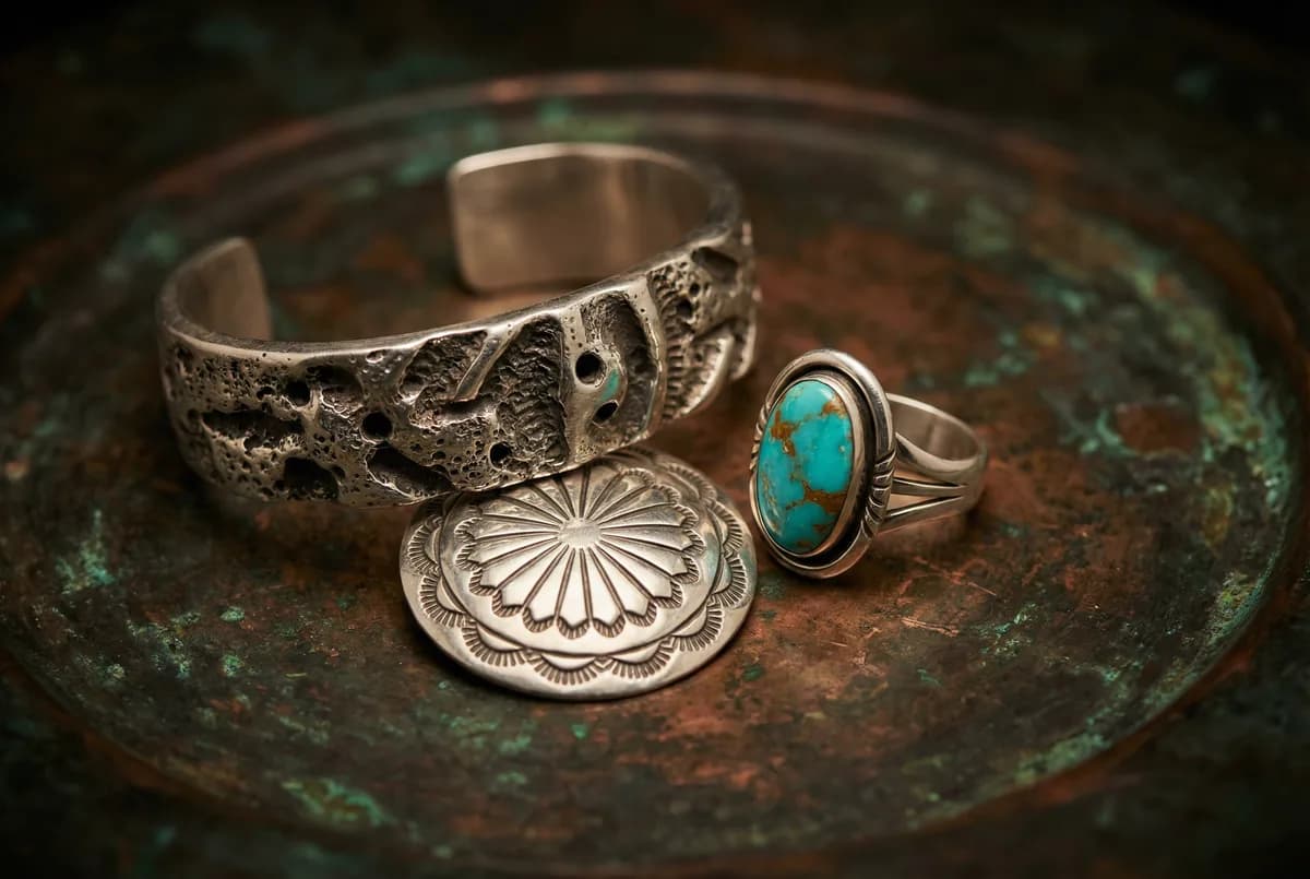 Illustrative image: a tufa-cast cuff, a stamped concho belt link, and a fabricated ring on oxidized copper