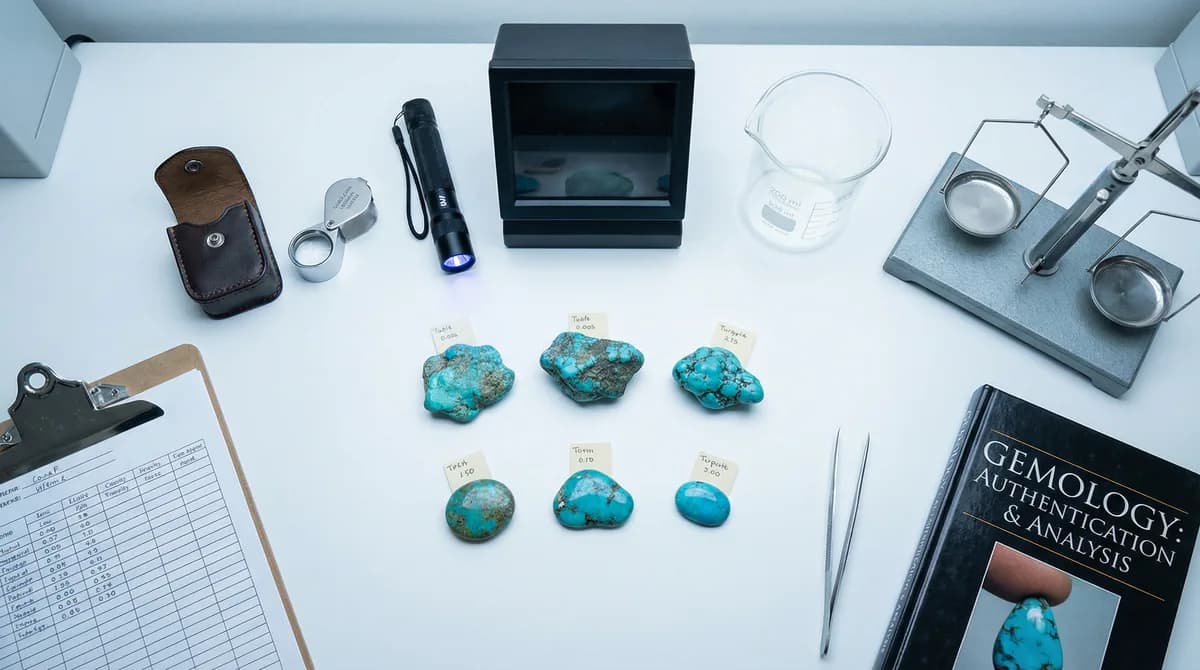 Gemologist's workspace with loupe, UV light, and turquoise specimens on a white laboratory surface