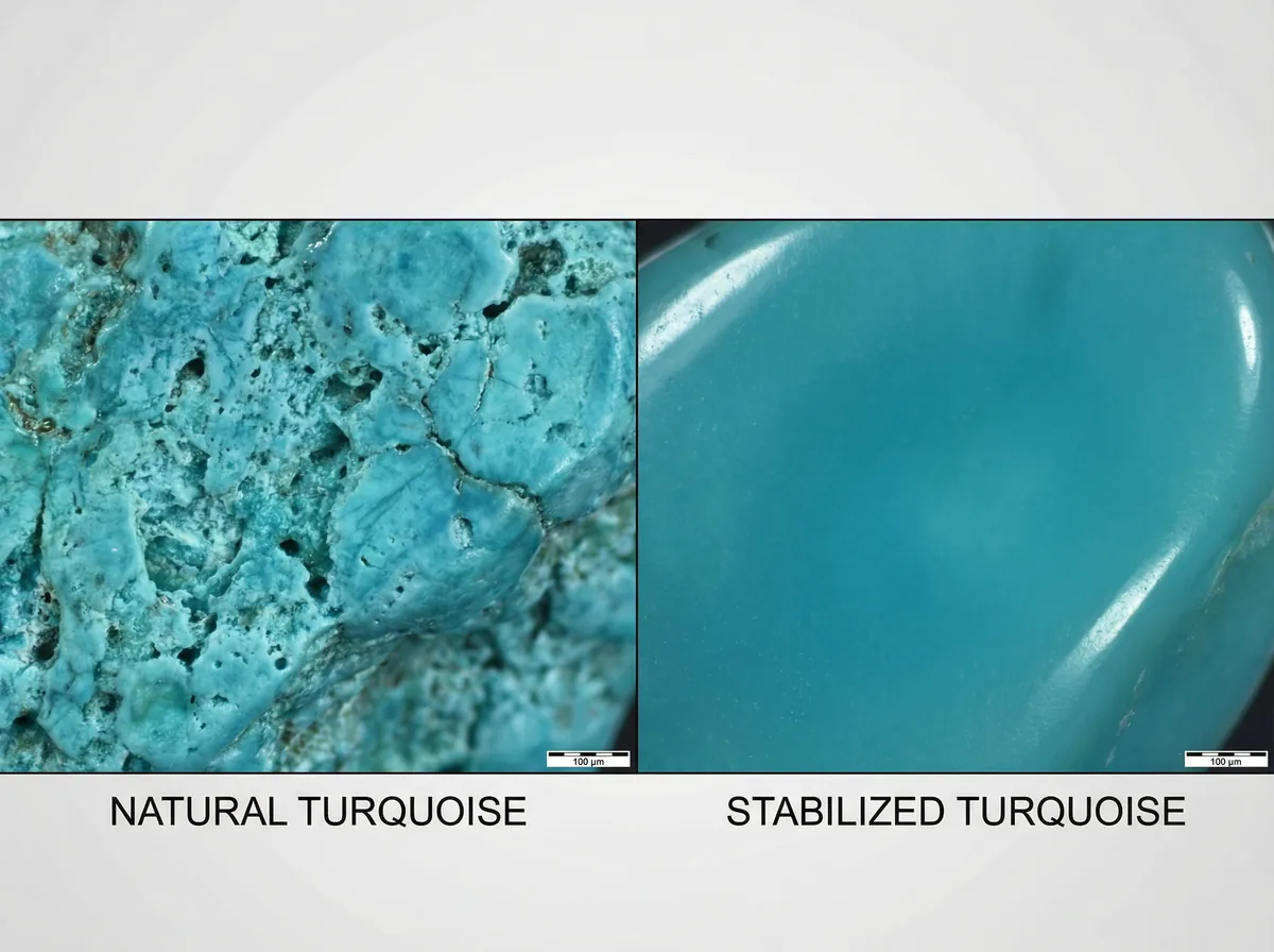 Macro split-screen comparing natural turquoise texture with stabilized turquoise surface