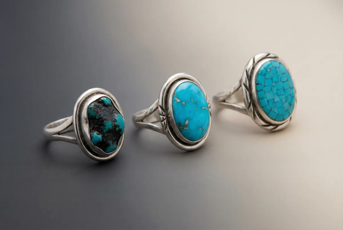 Three Native American turquoise rings comparing natural, stabilized, and reconstituted stone