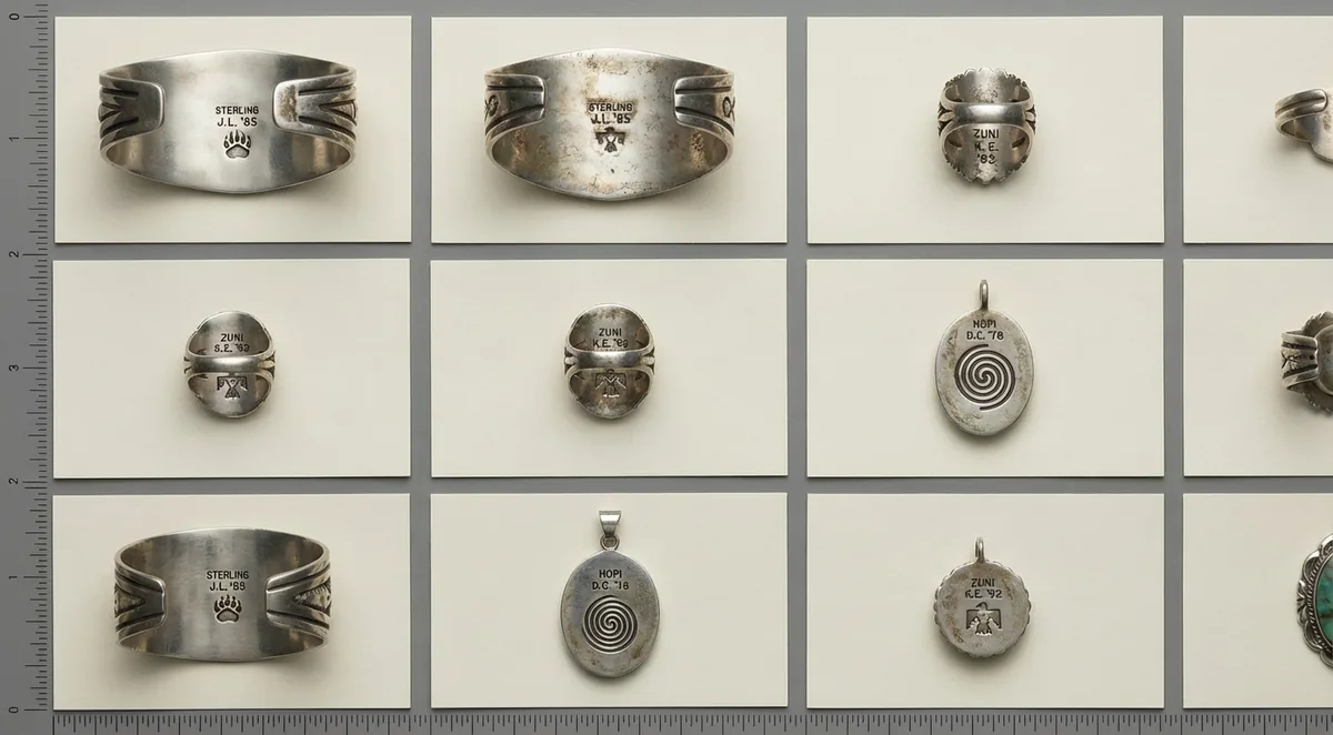 Overhead flat-lay of multiple silver jewelry backs showing diverse hallmark styles on numbered cards