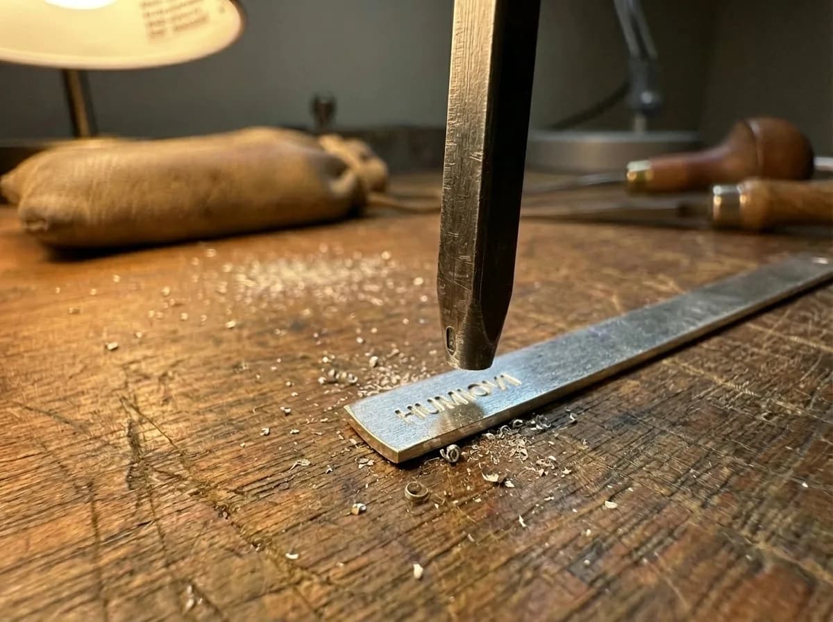 Macro of a hallmark being hand-stamped into sterling silver, the punch pressed into the metal surface