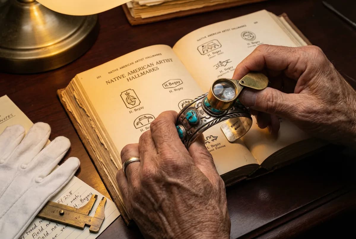 Collector consulting a hallmark reference guide beside the actual silver piece being researched